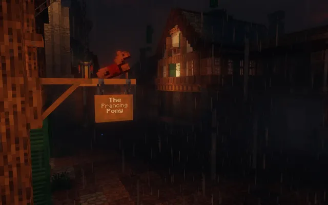 The sign of the Prancing Pony on a rainy night