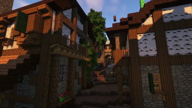 A lane between jettied timber houses